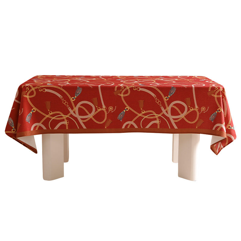 Rectangular decorative tablecloth with cord and tassel pattern as well as contrasted hem edge
