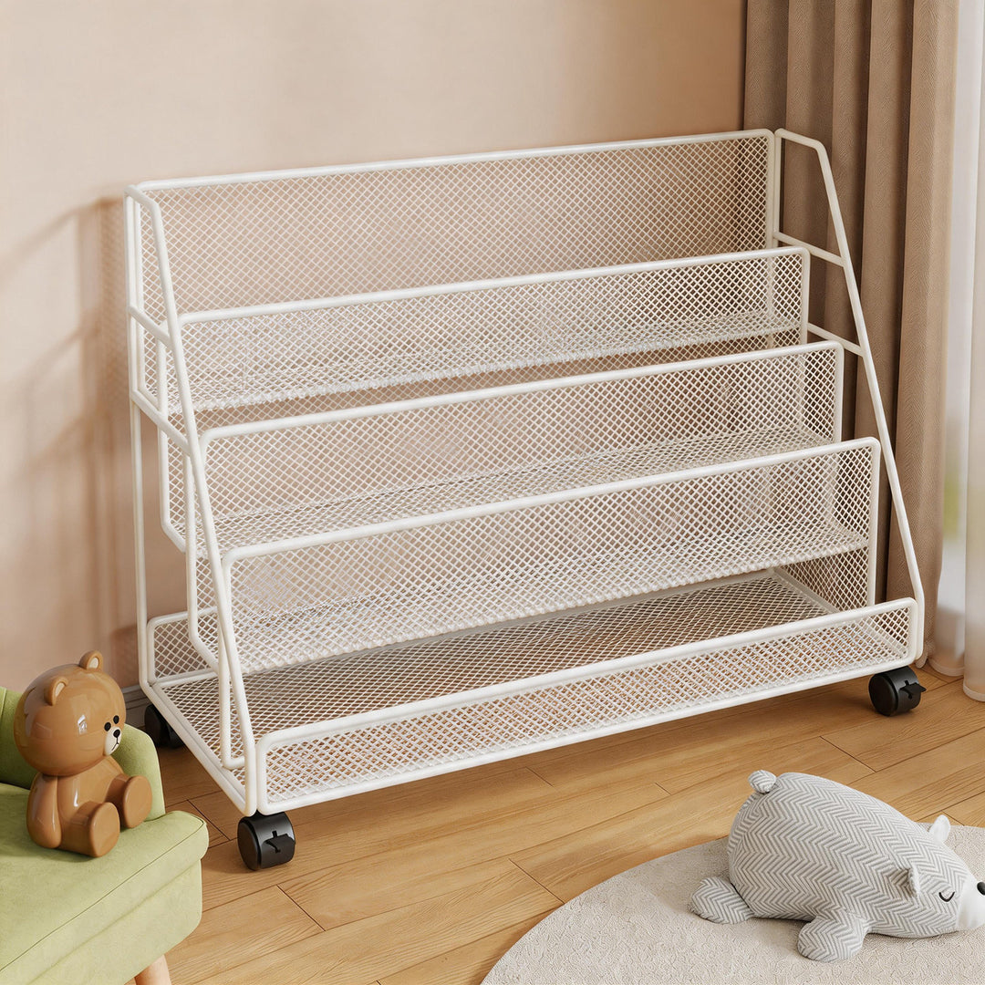 Angled Mesh Rolling Book and Magazine Display Rack with Slanted Shelves and Swivel Casters