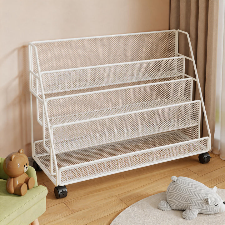 Angled Mesh Rolling Book and Magazine Display Rack with Slanted Shelves and Swivel Casters