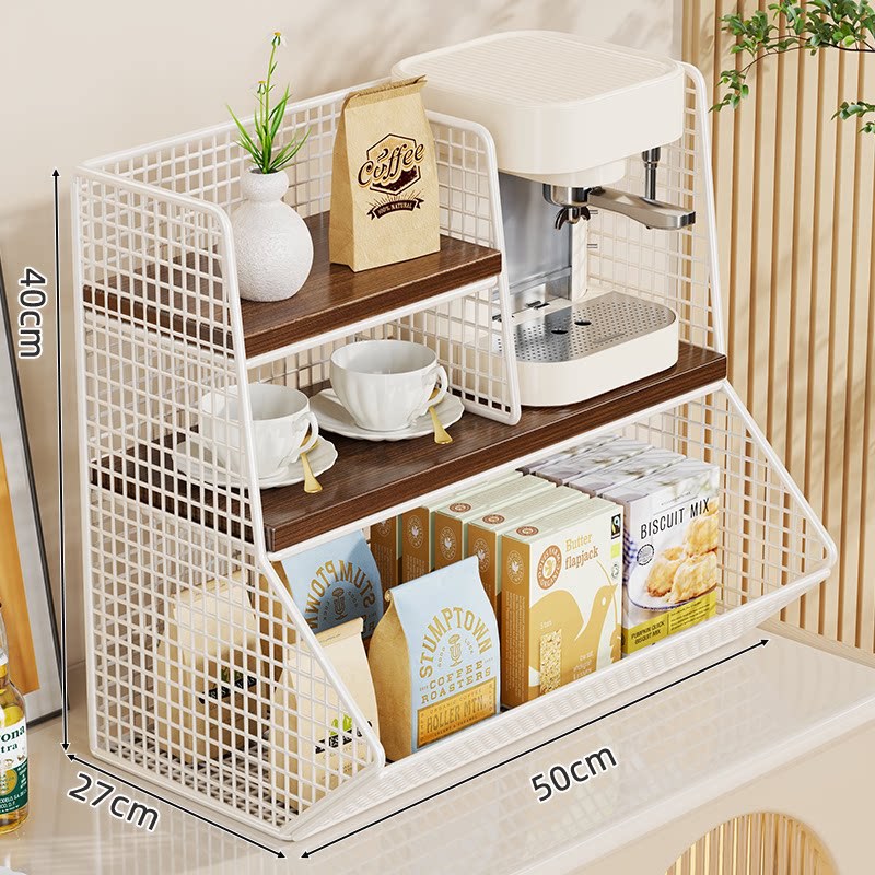 Kitchen Countertop Multi-Tier Wire Mesh Storage Organizer with Wooden Display Shelves