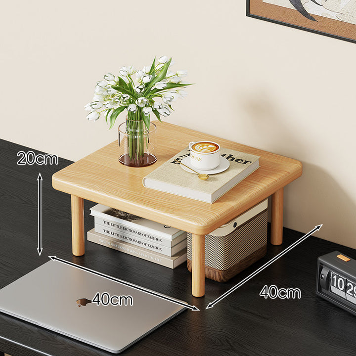 Compact Solid Wood Elevated Desk Display Stand with Under-Shelf Storage and Rounded Leg Design