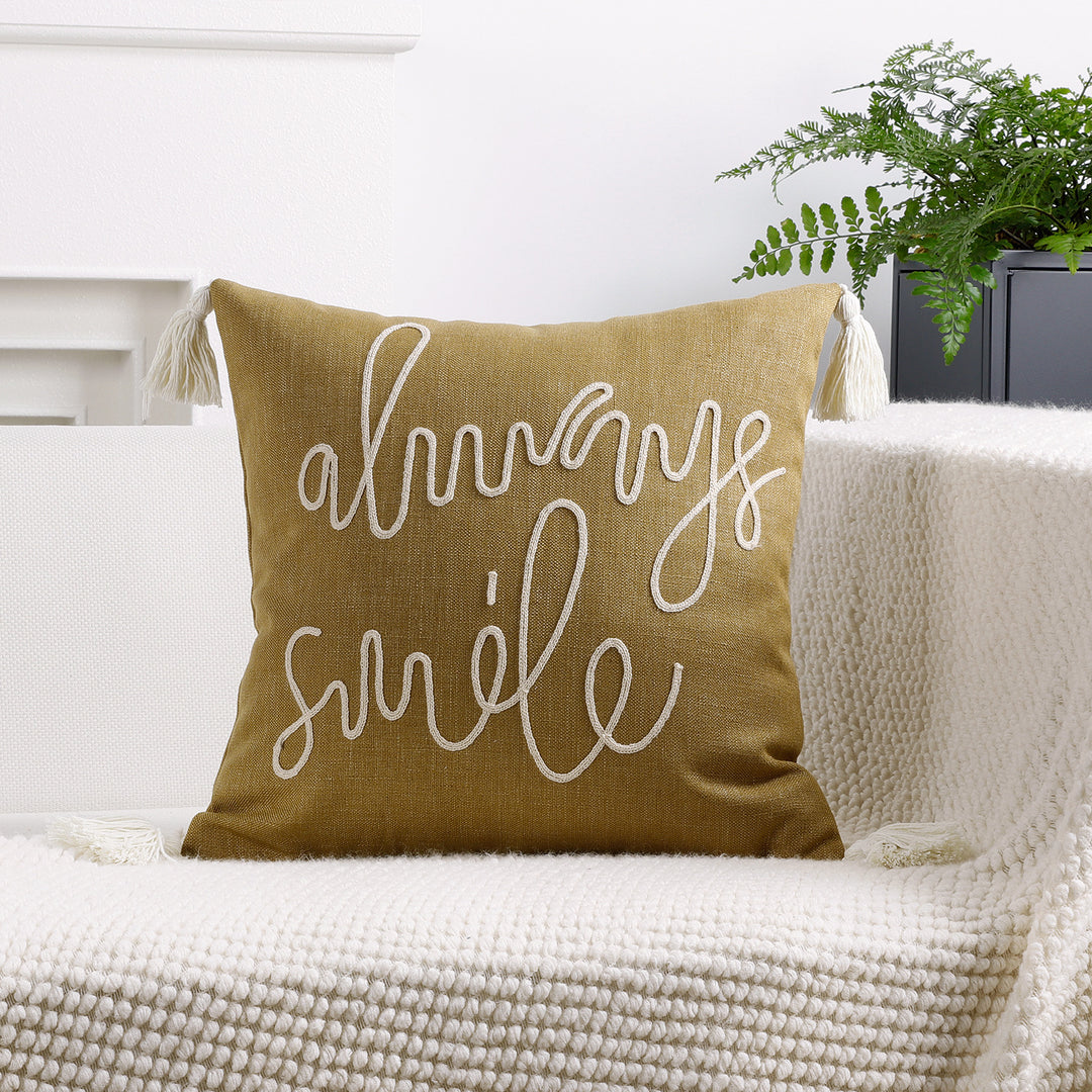 Square Linen-Blend Rope Embroidered Tassel Accent Pillow Cover