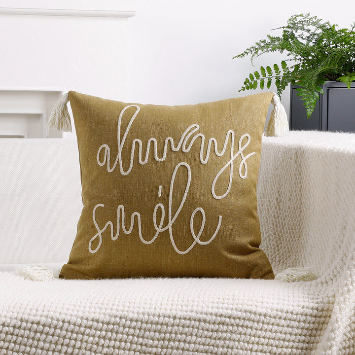 Square Linen-Blend Rope Embroidered Tassel Accent Pillow Cover