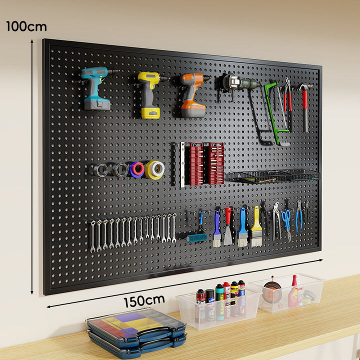 Heavy-Duty Wall-Mounted Perforated Steel Pegboard Tool Organizer with Modular Hooks and Shelf