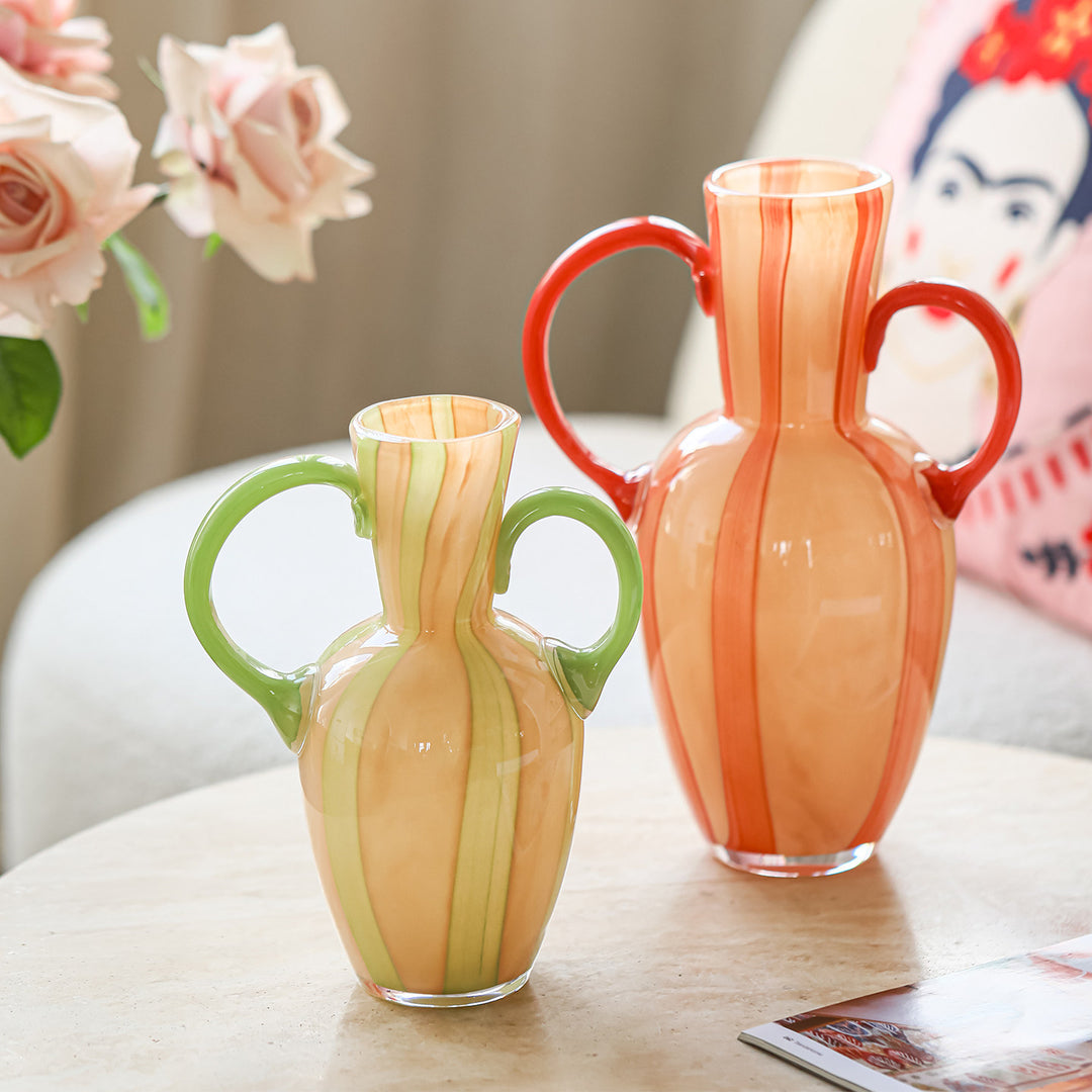 Double-Handled Hand-Blown Striped Glass Amphora Vase