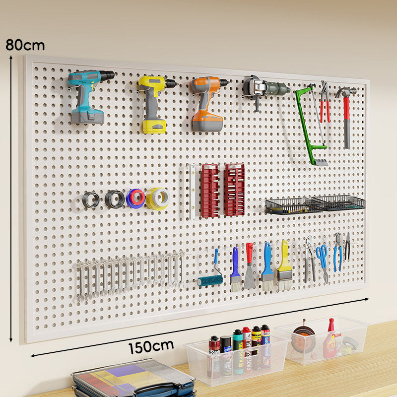 Heavy-Duty Wall-Mounted Perforated Steel Pegboard Tool Organizer with Modular Hooks and Shelf
