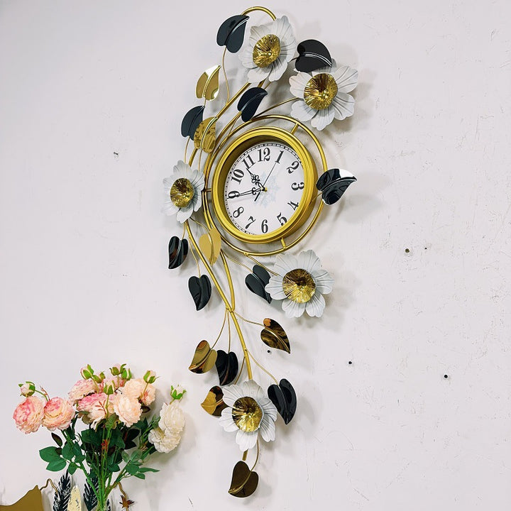 Floral Wall Clock Art with Elegant Metal Frame