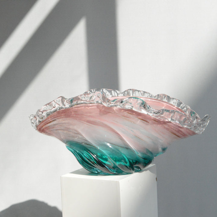 Hand-Blown Ruffled-Rim Swirled Glass Bulbous Tall Centerpiece Vase