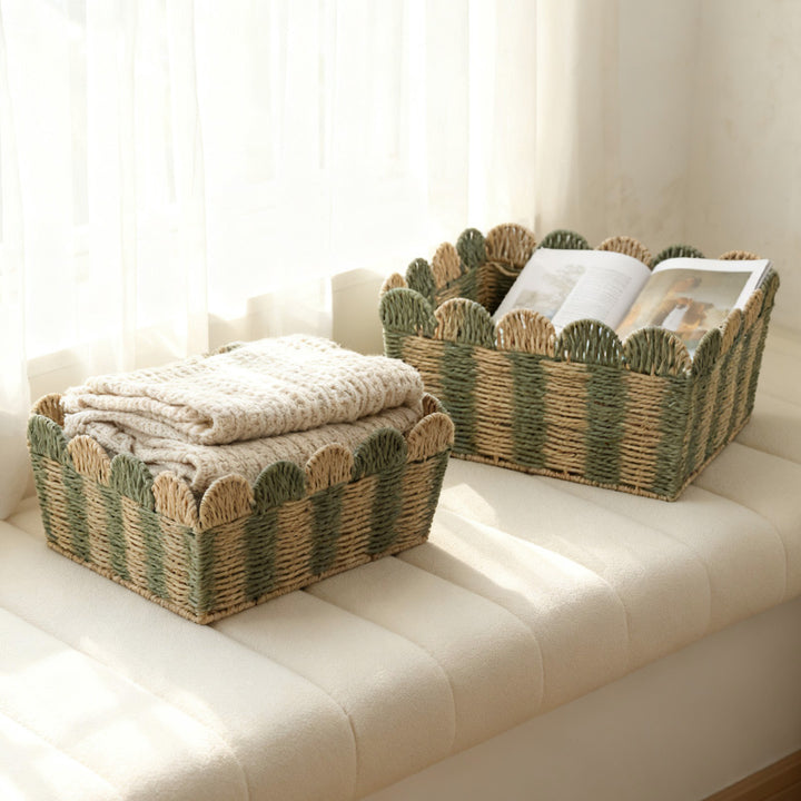 Decorative storage basket made of woven material