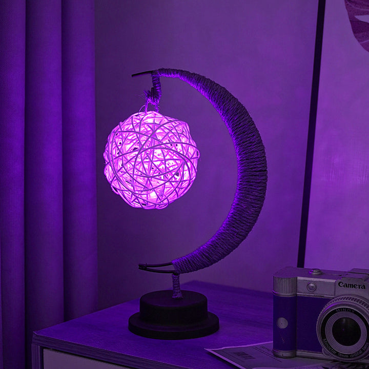 Decorative glass apple LED table lamp with moon-shaped rope-wrapped stand