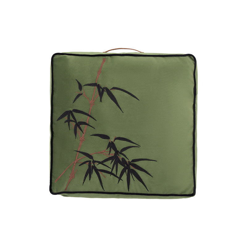 Padded cotton-linen seat cushion with embroidered bamboo motif and contrasting piping