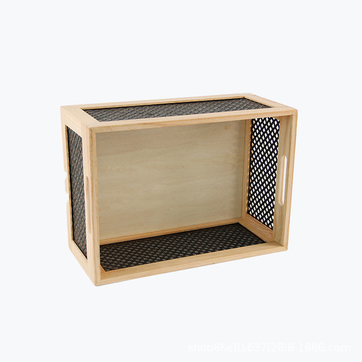 Wood storage box with decorative mesh elements
