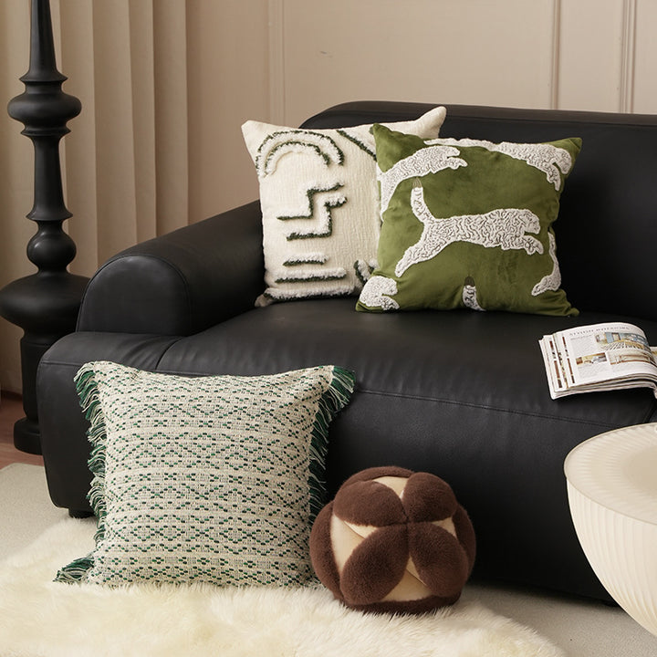Boho-woven decorative pillow set with cylinder roll and square fringe cover