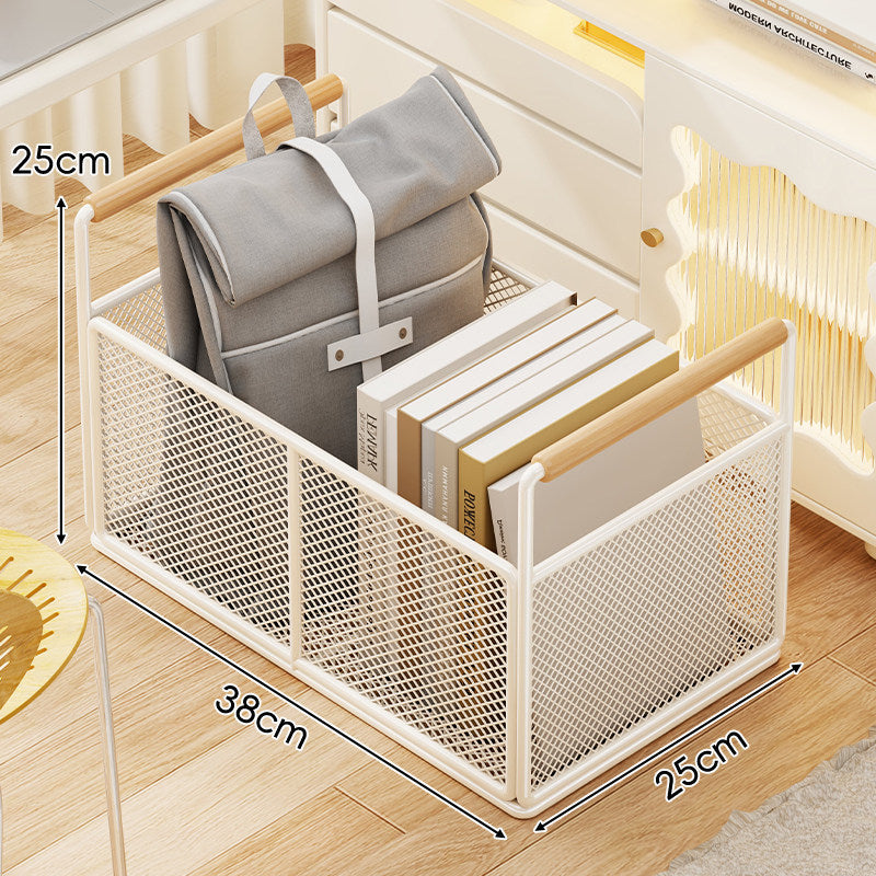 Rectangular Metal Mesh Storage Basket with Wooden Handle Rack