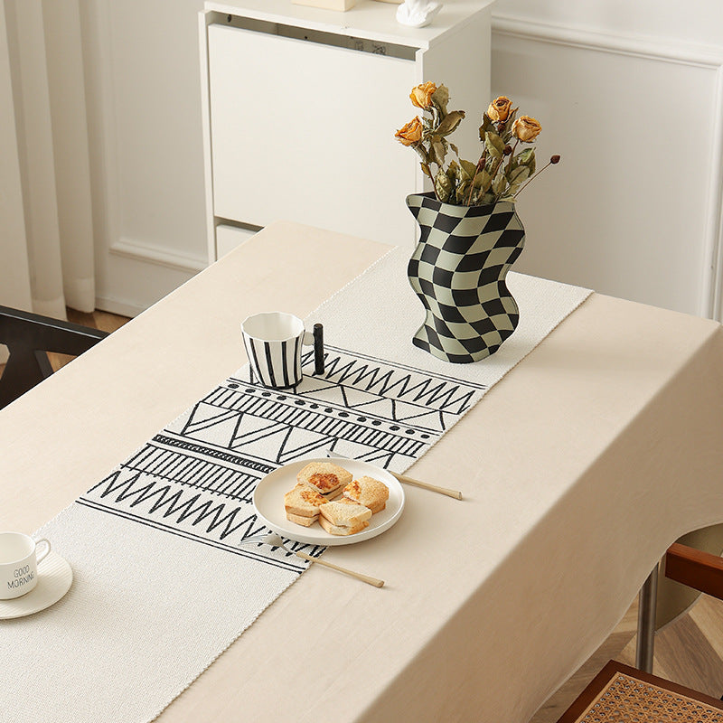 Woven Boho table runner with fringes and ethnic jacquard pattern