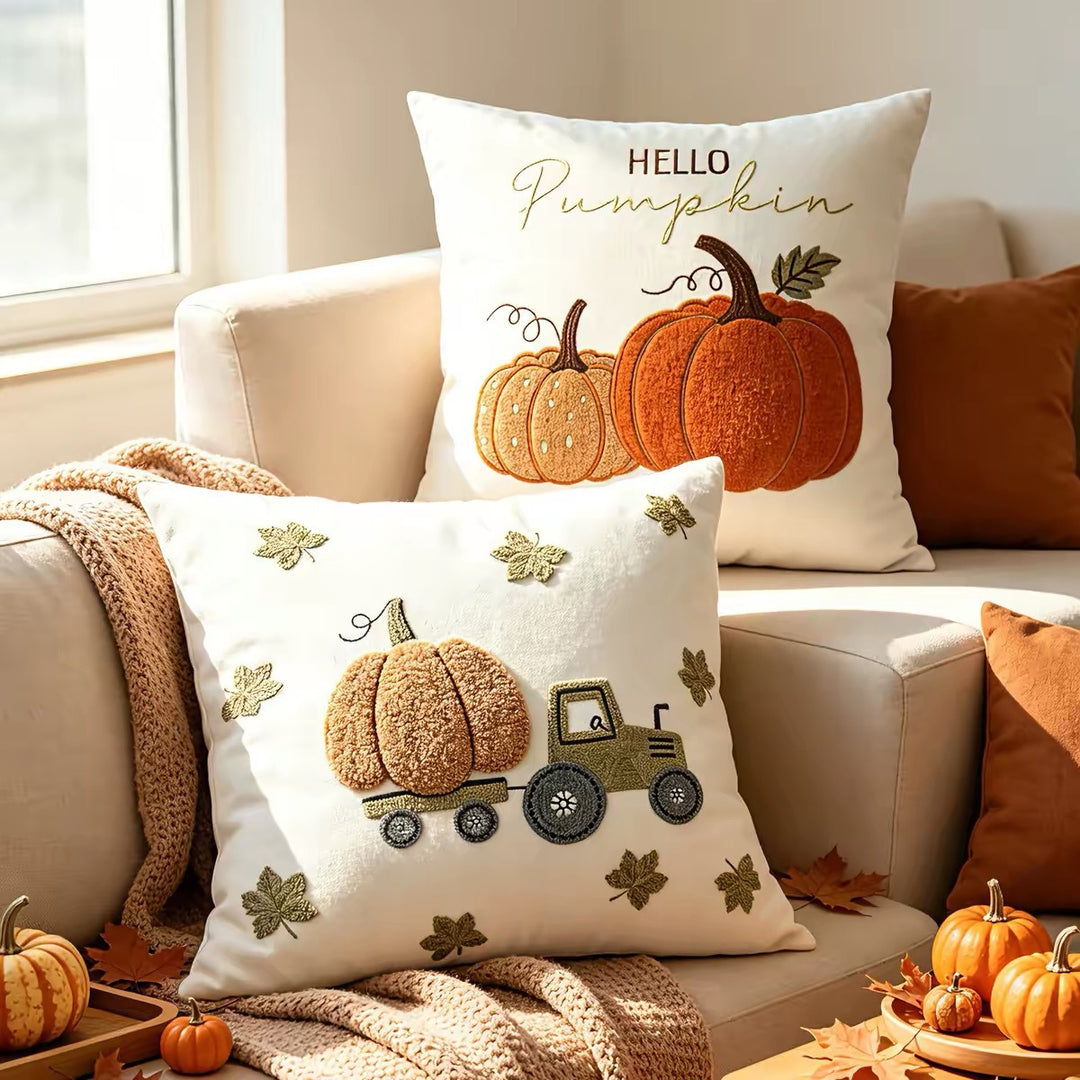 Whimsical Pumpkin Truck Throw Pillow