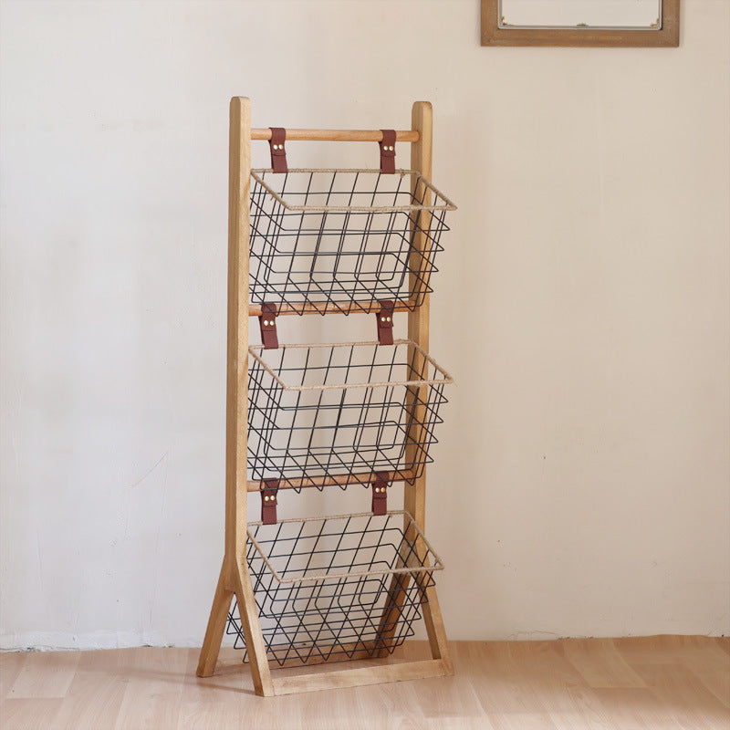 High-quality storage tower made of wood with metal baskets