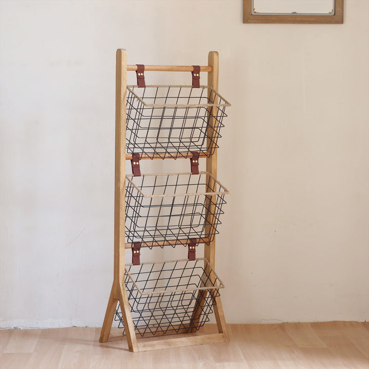 High-quality storage tower made of wood with metal baskets