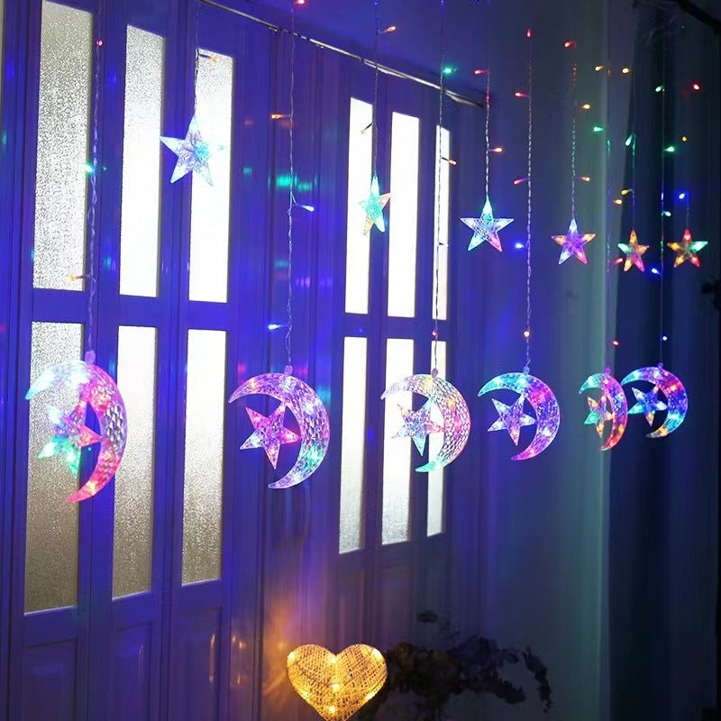 Festive LED Curtain String Lights with Hanging Star-Bell Tree and Reindeer Ornaments