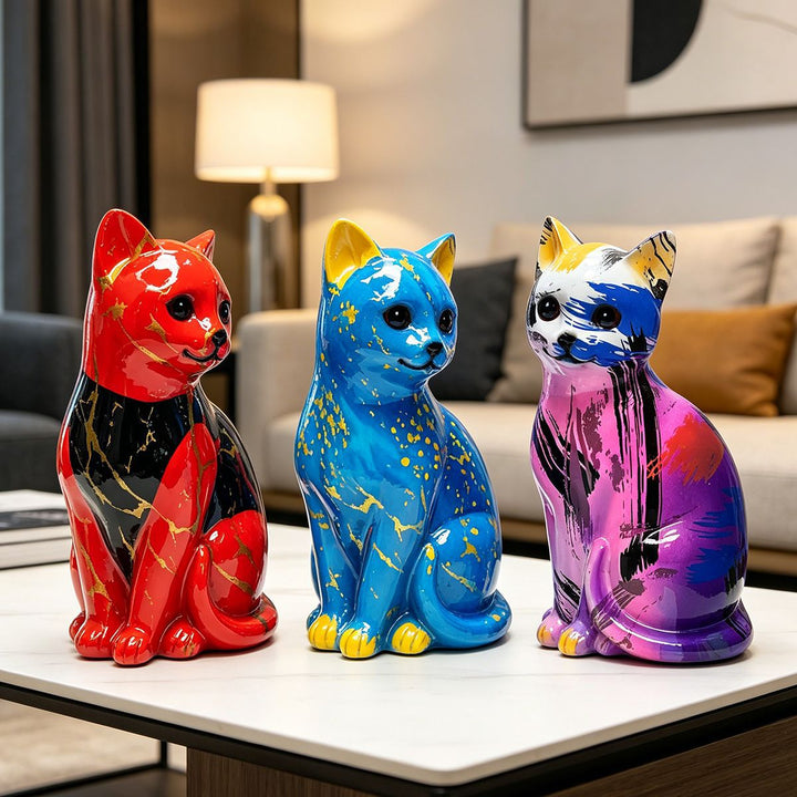 Artistic cat figurine in vibrant design