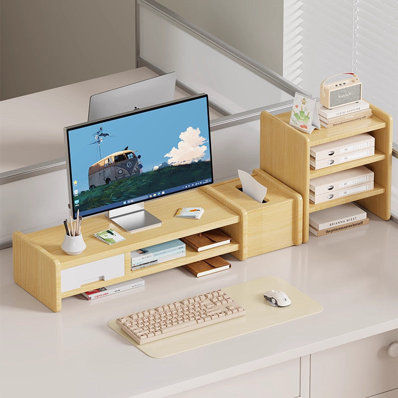 Solid Wood Monitor Riser and Desk Organizer with Dual-Level Shelf and Cable Management