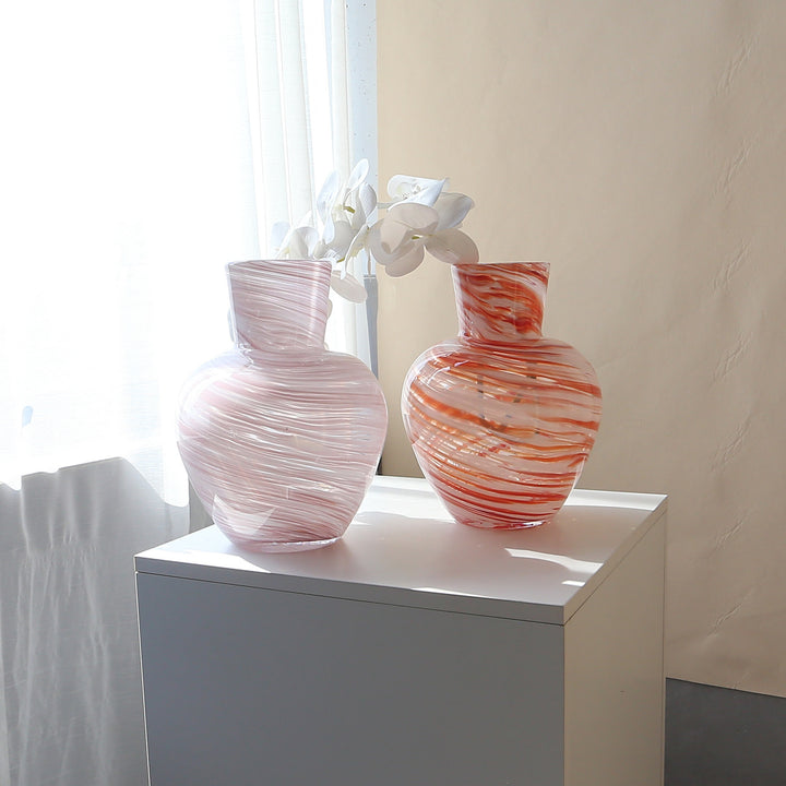 Hand-Blown Swirl-Textured Bulbous Glass Decorative Vase