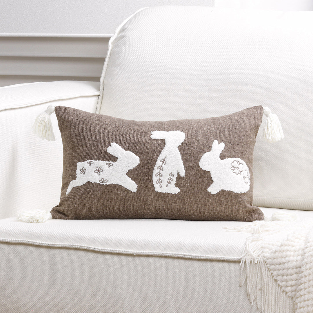 Decorative Lumbar Pillow Cover with Tufted Bunny Appliqués and Corner Tassels