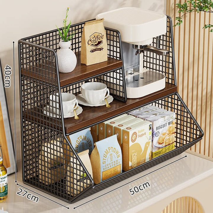 Kitchen Countertop Multi-Tier Wire Mesh Storage Organizer with Wooden Display Shelves
