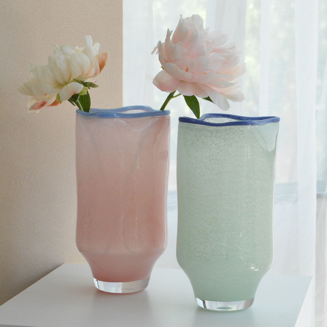 Hand-Blown Tall Decorative Glass Vase with Wavy Rim