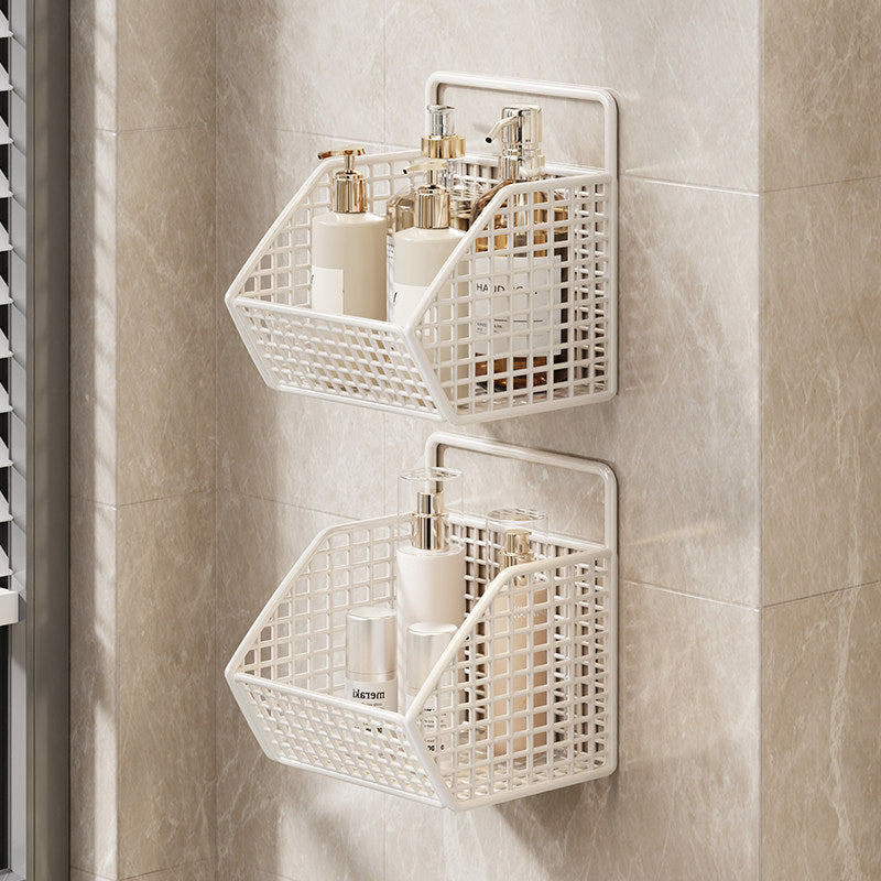Wall-Mounted Dual-Tier Grid Mesh Bathroom Shower Caddy with Drainable Baskets
