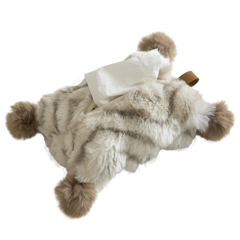 Decorative faux fur tissue box cover with pom poms and hanging handle