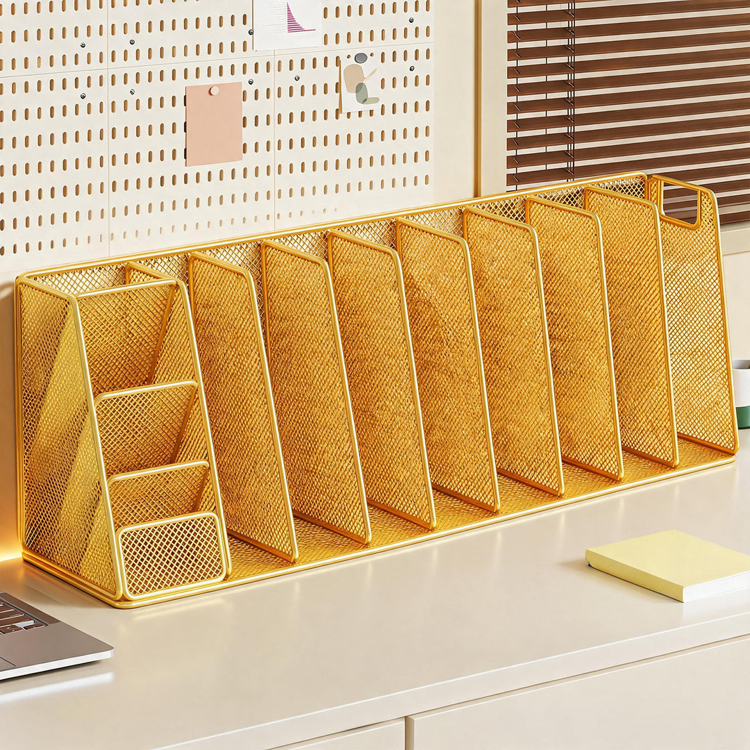 Mesh Desktop Organizer with Multi-Compartment Book Binder and Pen Rack