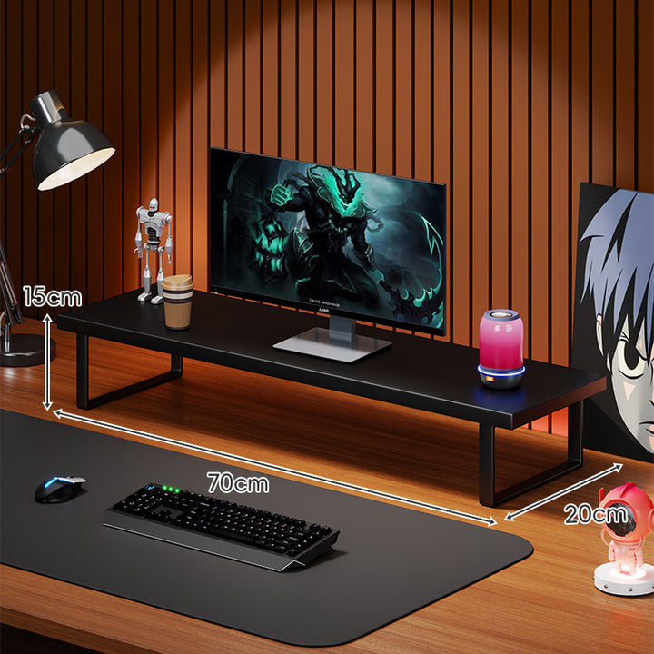 Elevated Wooden Monitor Riser Stand with Metal Bracket Legs and Cable-Friendly Desktop Shelf
