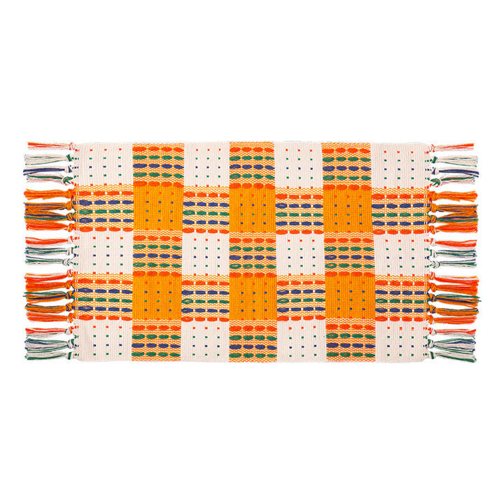 Woven colorful table runner with fringes and checkered structure