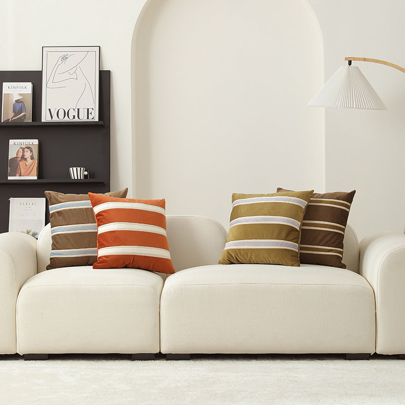 Square velvet decorative pillow with woven stripes and concealed zipper