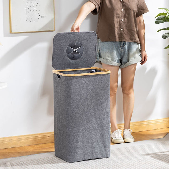 Modern waste separation container with removable inner insert and bamboo lid