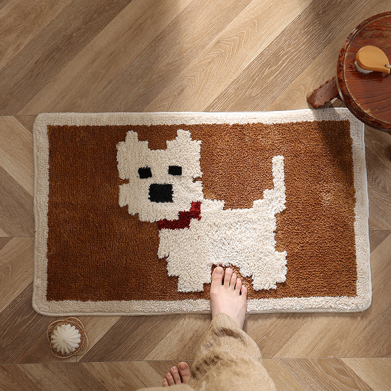Bath mat with hand-tufted dog motif and slip-resistant latex backing