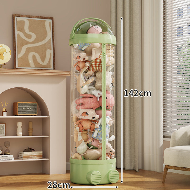 Tall Cylindrical Toy and Plush Storage Organizer with Clear Zip Cover and Rolling Vent Base