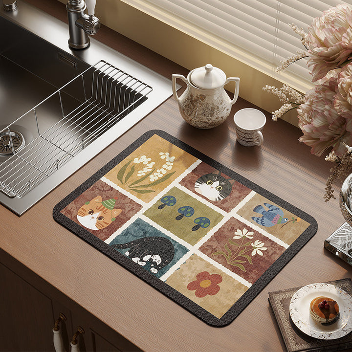 Absorbent Rectangular Kitchen Counter Placemat with Patchwork Cat & Floral Illustration and Non-Slip Backing