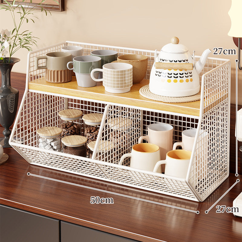 Two-Level Angled Wire Mesh Countertop Organizer with Wood-Effect Top Shelf and Front Drop Bins