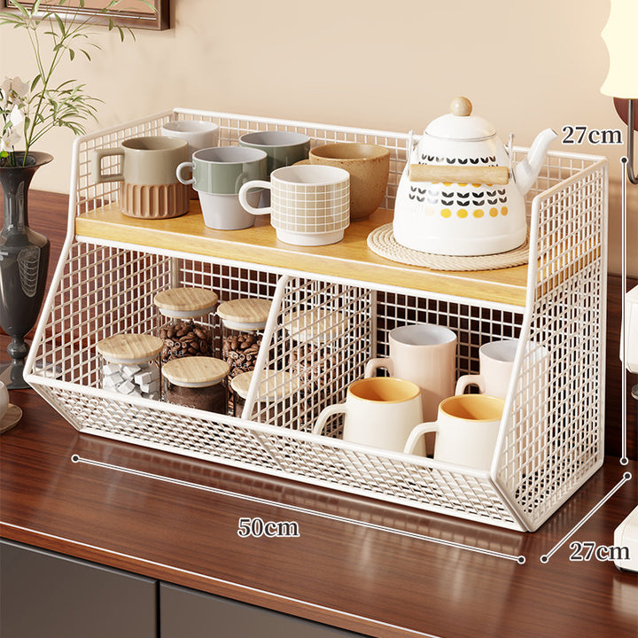 Two-Level Angled Wire Mesh Countertop Organizer with Wood-Effect Top Shelf and Front Drop Bins