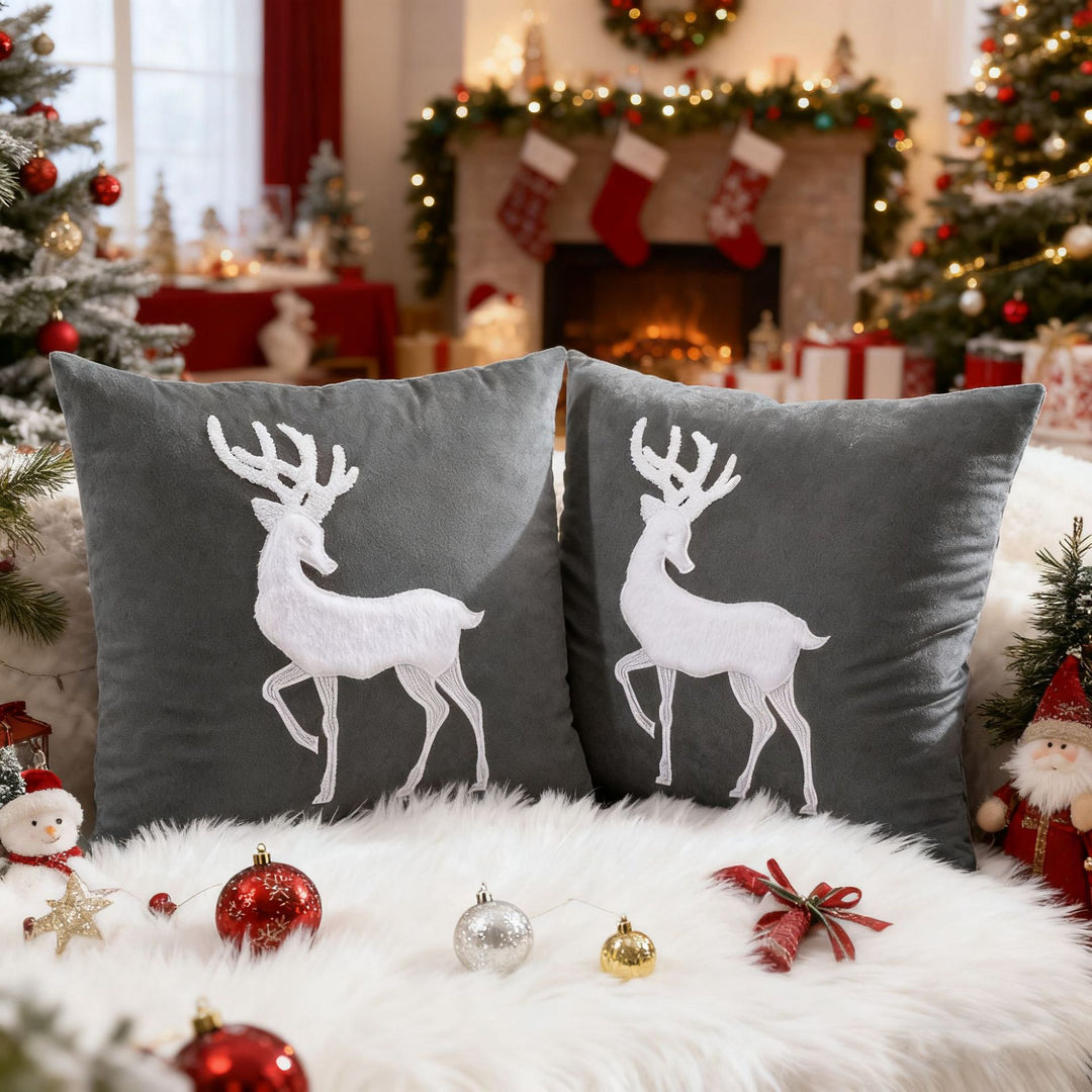 Festive Velvet Reindeer Appliqué Square Throw Pillow Cover with Hidden Zipper