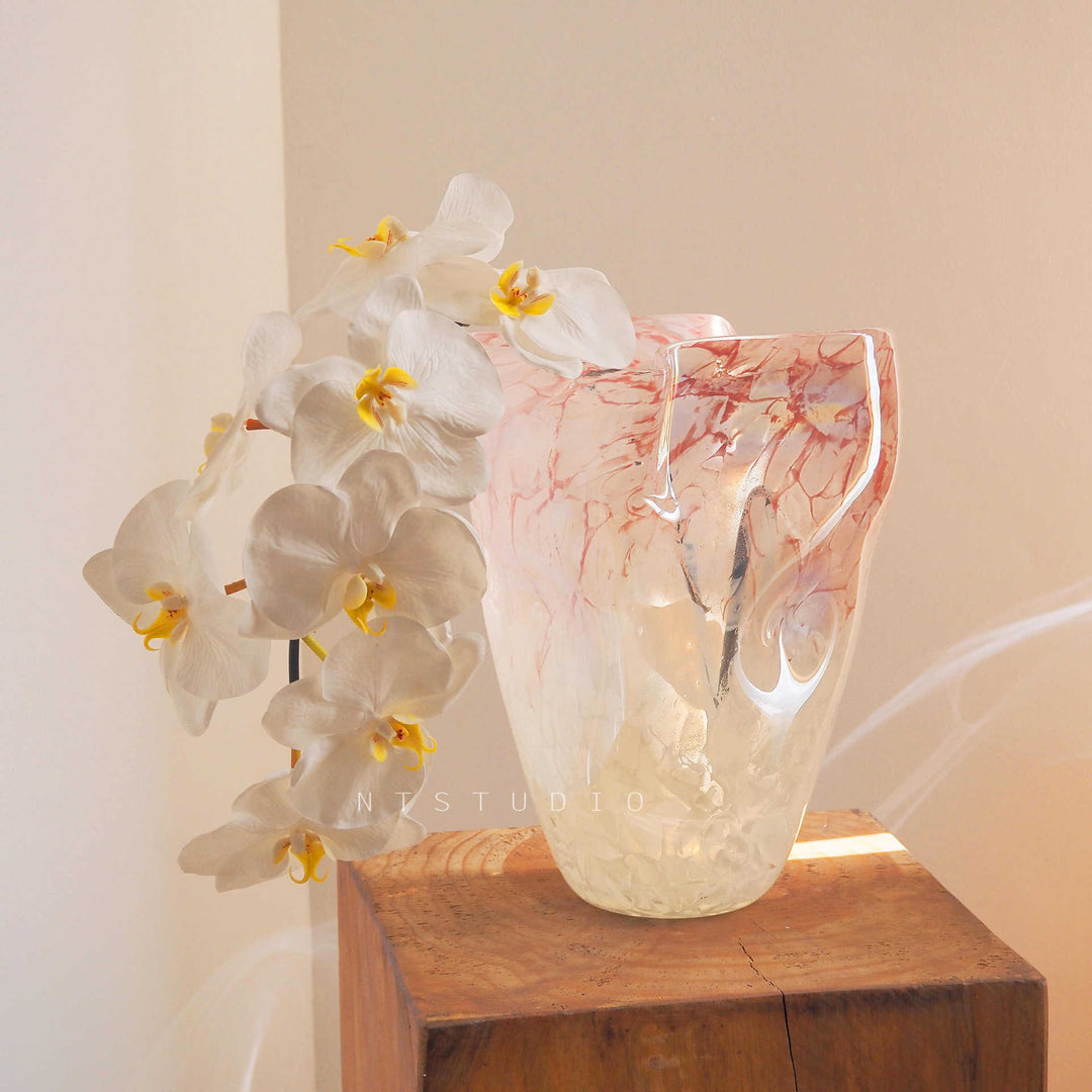 Sculptural Hand-Blown Marble-Effect Tapered Glass Vase