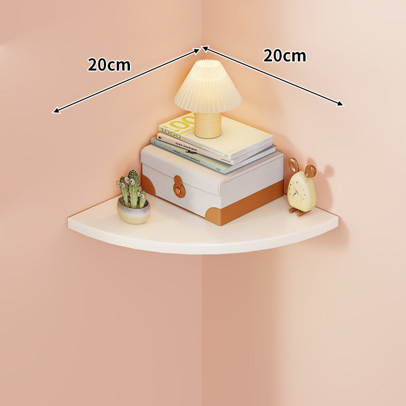 Corner Wall-Mounted Floating Shelf with Rounded Triangular Solid Wood Top and Metal Support Brackets