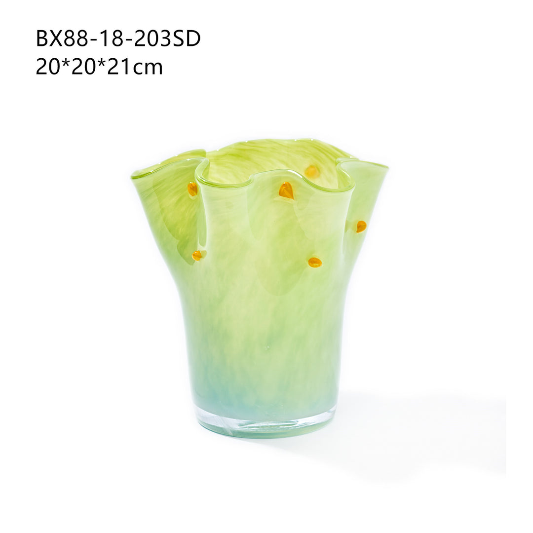 Hand-Blown Fluted Art Glass Vase with Ruffled Rim