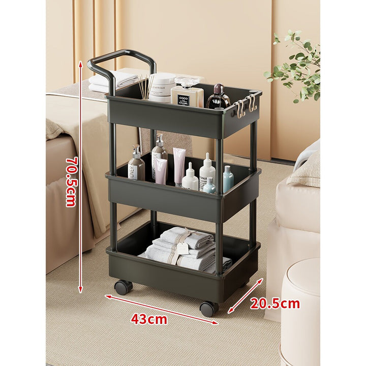 Compact Two-Tier Rolling Storage Trolley with Handle and Hooks