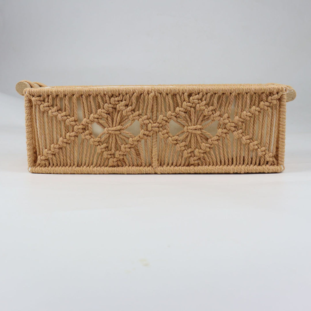 Storage basket with macrame pattern