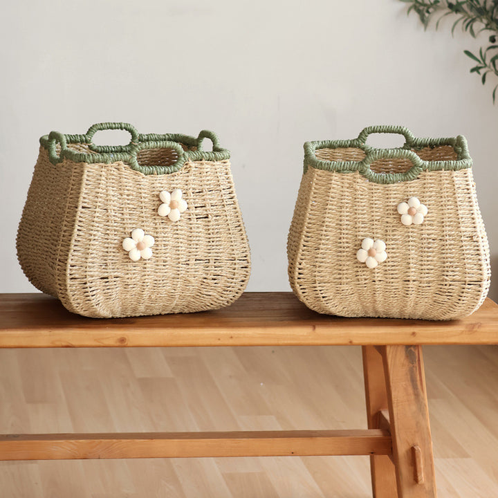 Stylish storage basket with flower appliqué