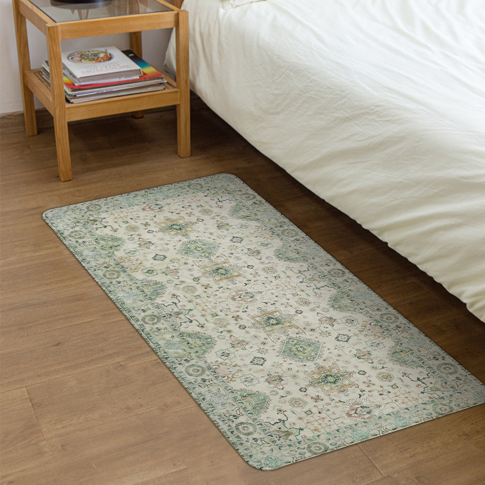 Vintage-inspired runner rug for hallway and kitchen with medallion pattern and non-slip backing