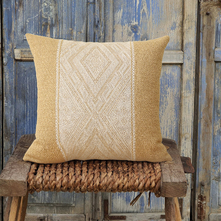 Square woven decorative cushion cover with central ethnic jacquard stripe and textured cotton blend